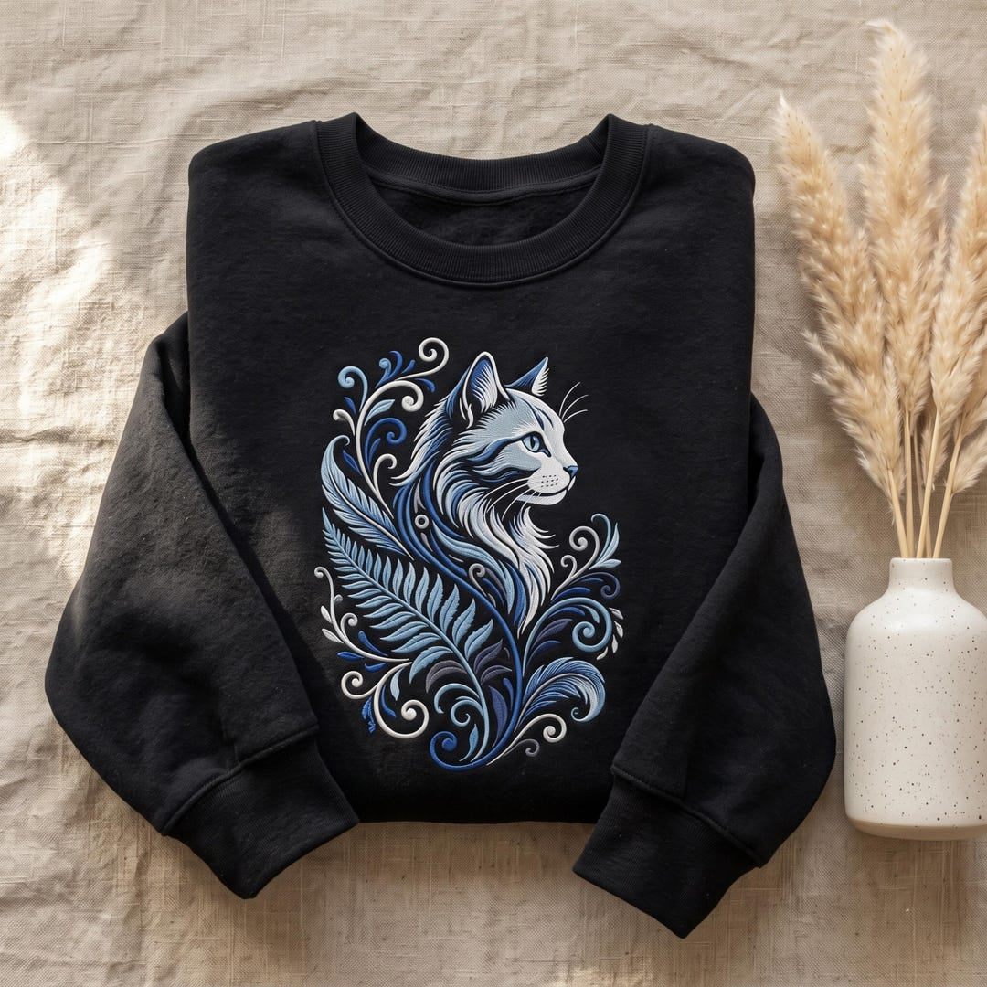 Blue Cat Botanical Floral Swirl Fern Art Nouveau embroidered hoodie — front view