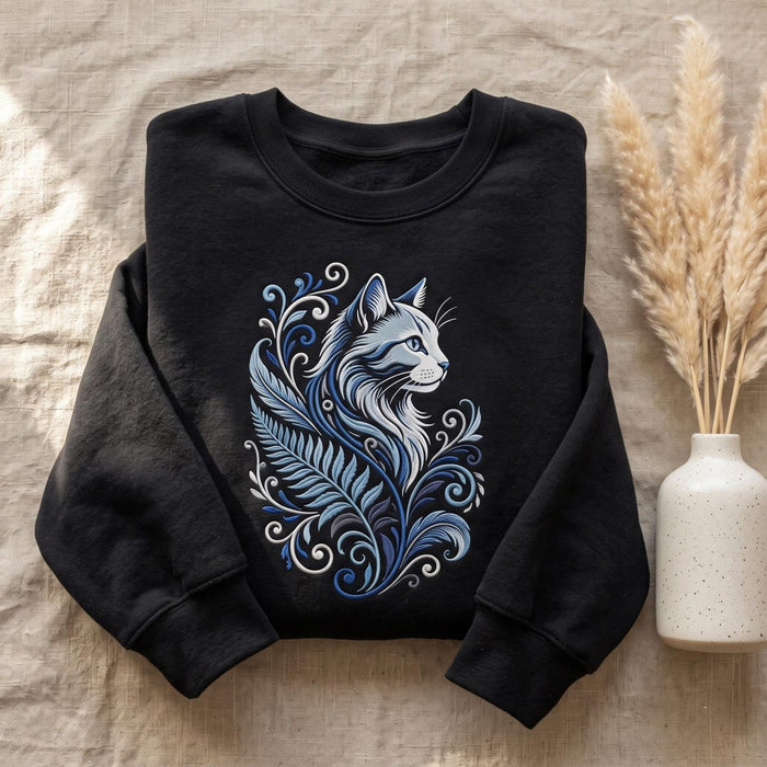 Blue Cat Botanical Floral Swirl Fern Art Nouveau Embroidered Sweatshirt