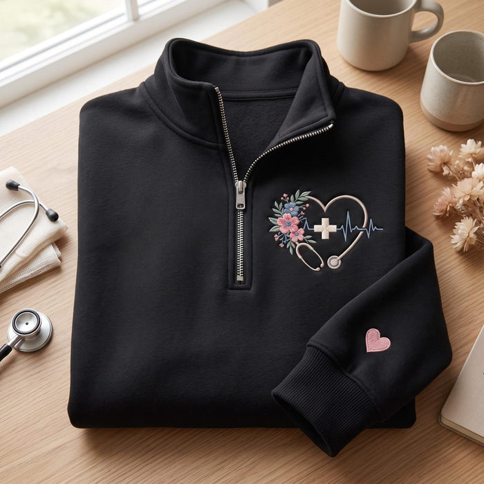 Personalized Nurse Floral Stethoscope Heart Ekg Cross Embroidered Quarter-Zip