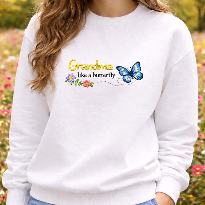 Personalized Grandma Like a Butterfly Blue Morpho Floral Embroidered Sweatshirt