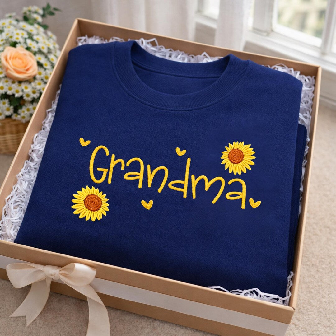 Personalized Grandma Sunflower Floral Hearts embroidered sweatshirt — front view