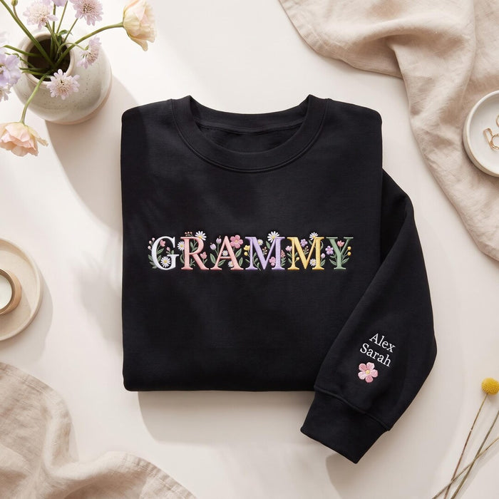 Personalized Grammy Floral Letter Grandkids Name Sleeve Embroidered Sweatshirt