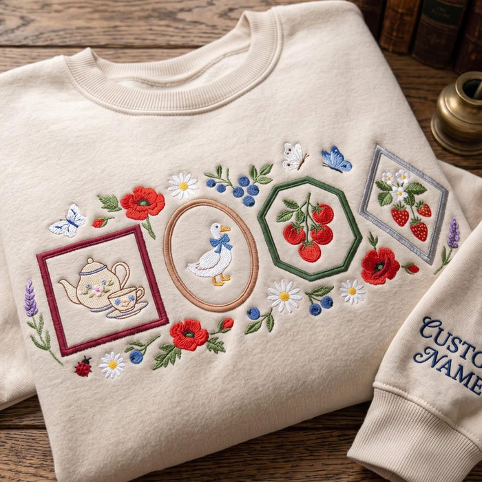 Personalized Cottagecore Goose Tea Set Tomatoes Strawberry Floral Frames Custom Name Sleeve Embroidered Sweatshirt