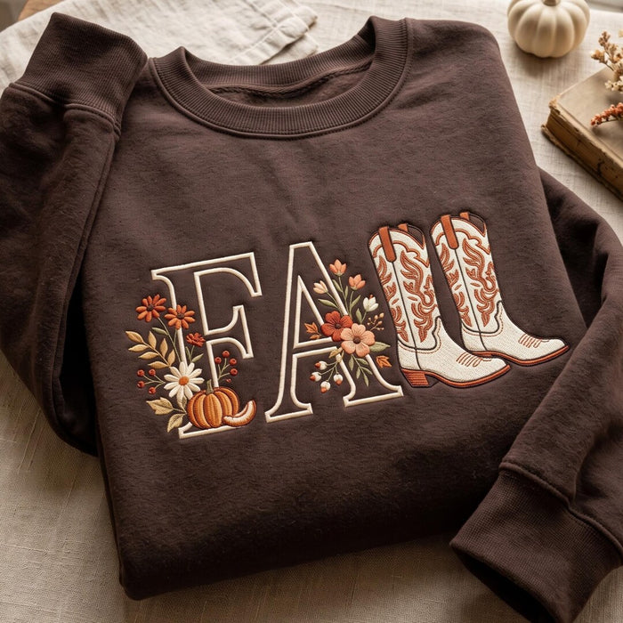 Fall Cowgirl Boots Floral Pumpkin Wildflowers Autumn Embroidered Sweatshirt