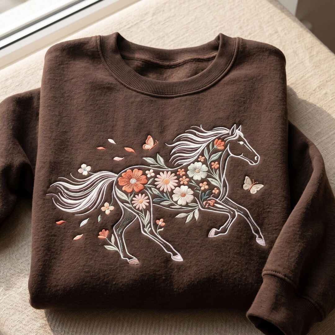 Personalized Floral Horse Wildflower Botanical Butterflies embroidered sweatshirt — front view