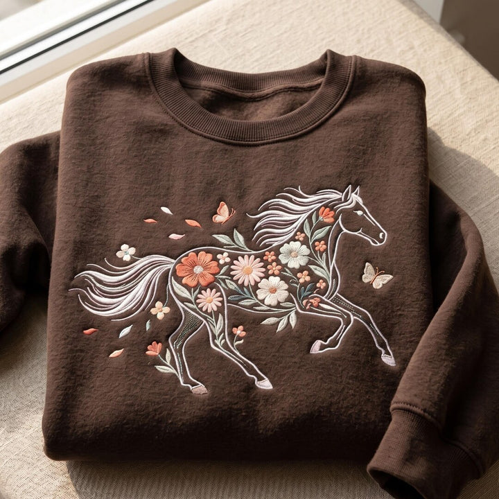 Personalized Floral Horse Wildflower Botanical Butterflies embroidered sweatshirt — front view