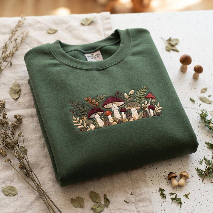 Woodland Mushroom Botanical Fern Leaves Forest Cottagecore Embroidered Sweatshirt