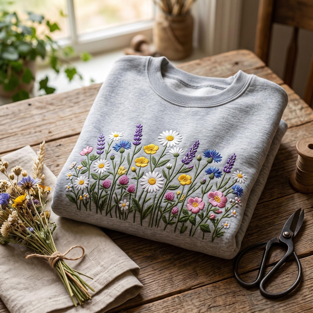 Wildflower Meadow Botanical Floral Garden Colorful Blooms embroidered sweatshirt — front view