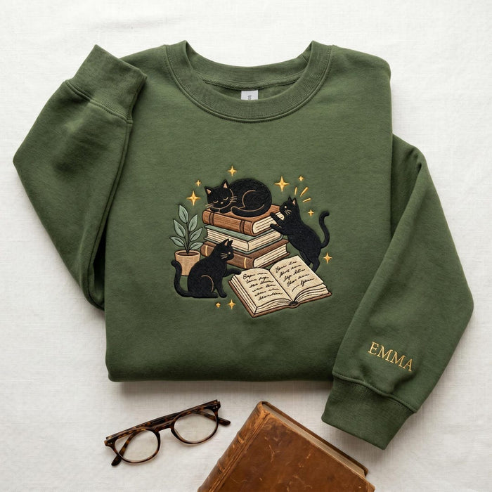 Personalized Black Cats Reading Books Sparkle Plant Embroidered Sweatshirt