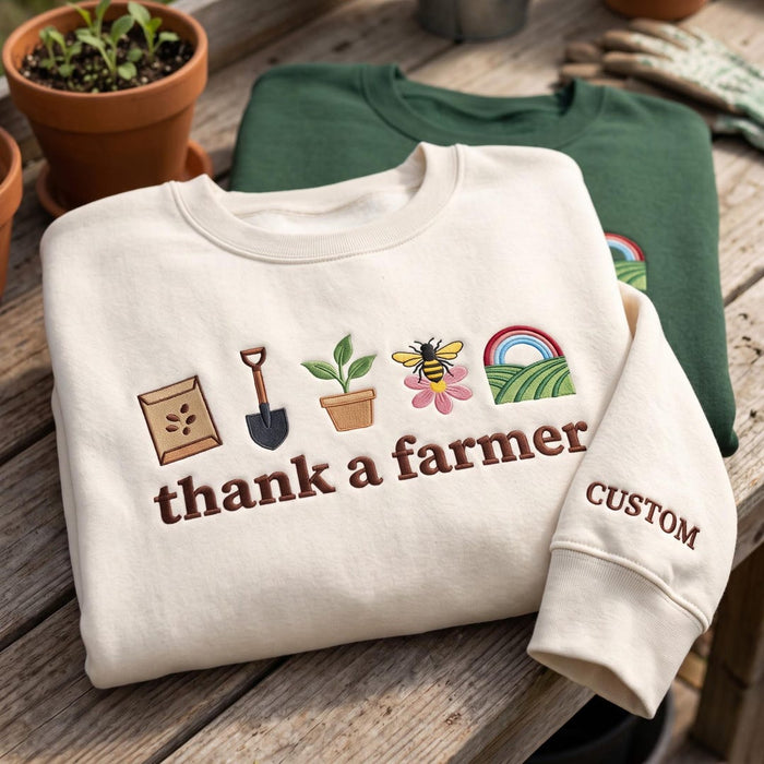 Personalized Thank a Farmer Seed Shovel Plant Bee Rainbow Field Embroidered Sweatshirt