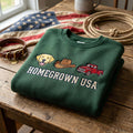 Homegrown USA Yellow Lab Cowboy Hat Red Truck Country Americana embroidered sweatshirt — front view