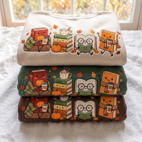 Fall Autumn Cozy Book Lover Reading Pumpkin Coffee Cute Bookish Characters embroidered t-shirt — front view