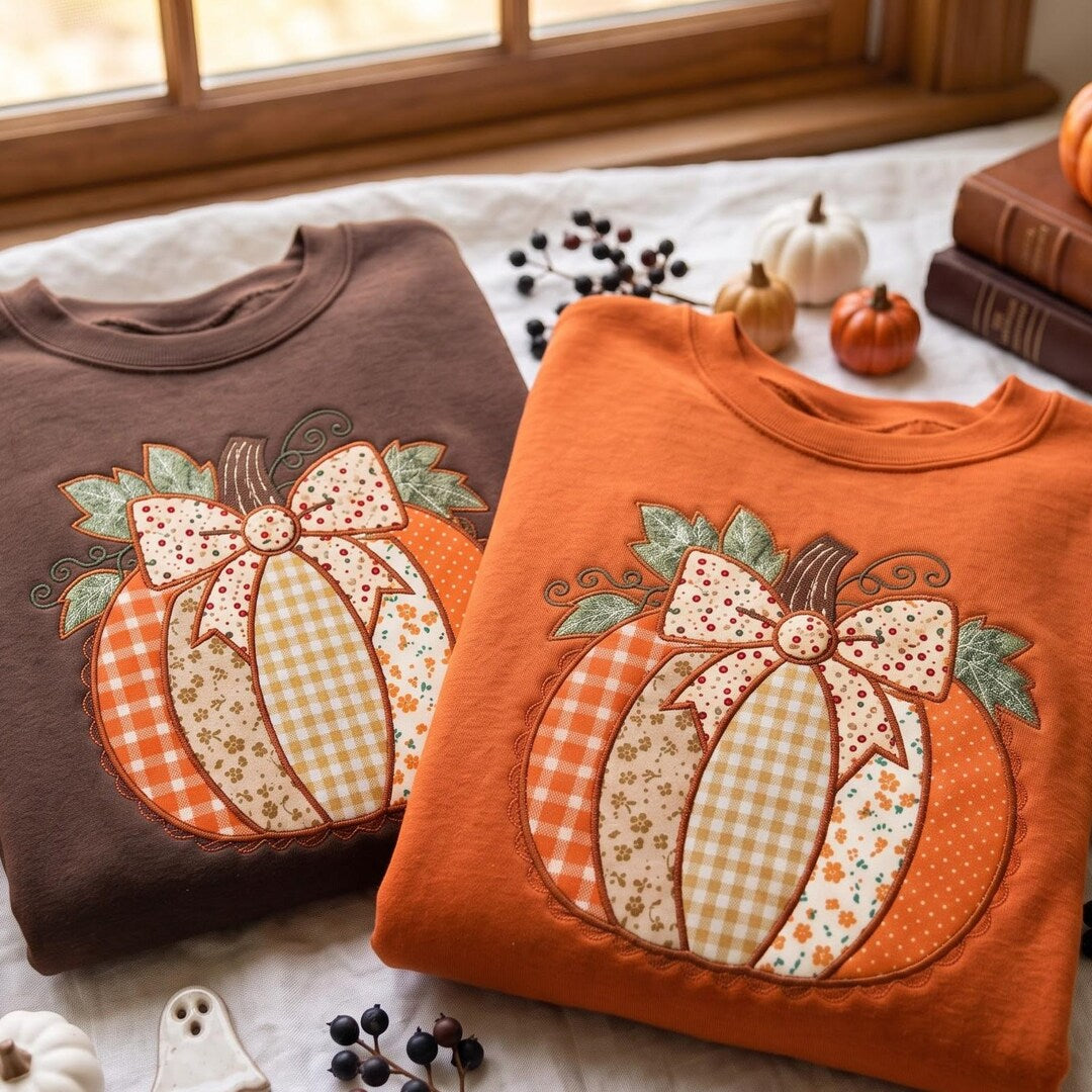 Fall Patchwork Applique Pumpkin Coquette Bow Leaves embroidered sweatshirt — front view
