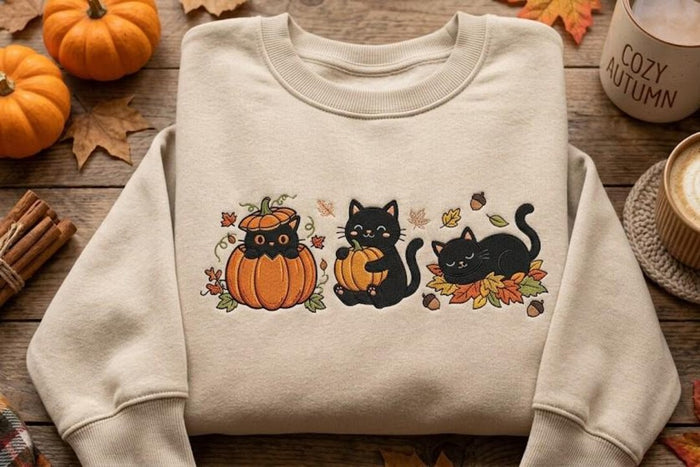 Three Black Cats Pumpkin Fall Leaves Acorns Cozy Autumn Embroidered Sweatshirt