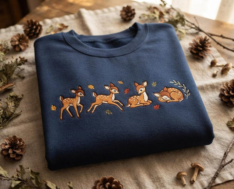 Autumn Fawn Deer Four Poses Falling Leaves Woodland embroidered sweatshirt — front view