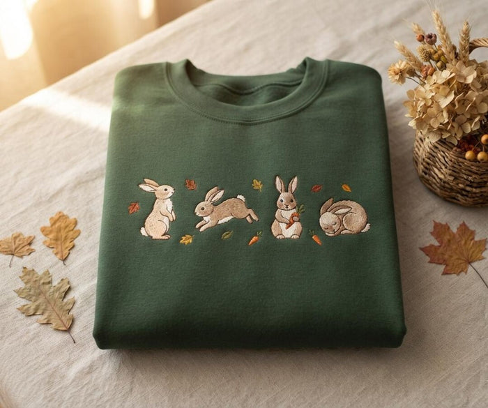 Four Bunnies Autumn Leaves Carrot Cottagecore Embroidered Sweatshirt