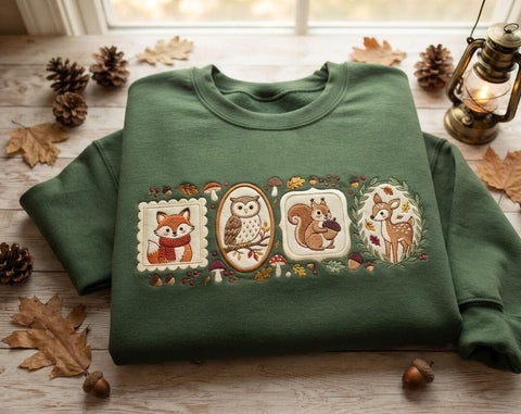 Autumn Woodland Animals Fox Owl Squirrel Deer Stamp Frames Fall Forest embroidered sweatshirt — front view