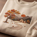 Personalized Autumn Cabin Mountain Landscape Falling Leaves Winding Path embroidered sweatshirt — front view
