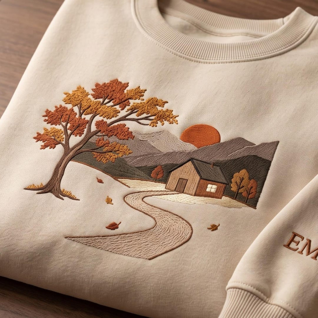 Personalized Autumn Cabin Mountain Landscape Falling Leaves Winding Path embroidered sweatshirt — front view