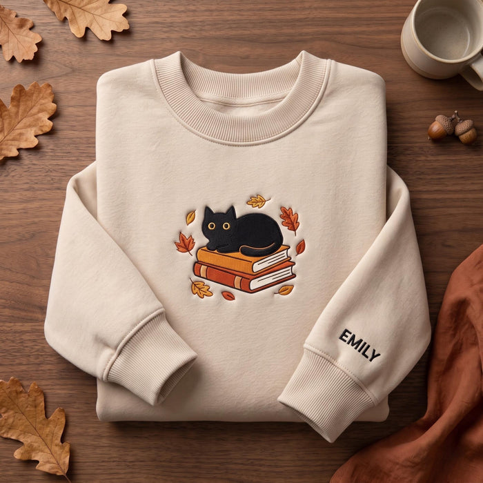 Personalized Black Cat Autumn Books Falling Leaves Custom Name Embroidered Sweatshirt