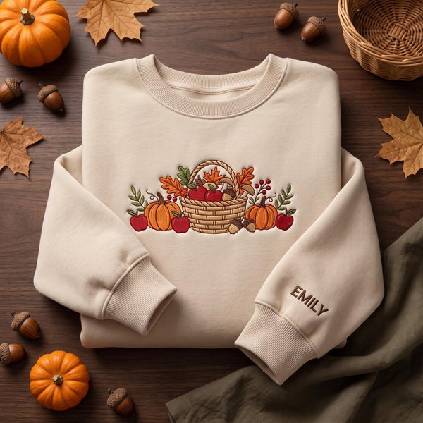 Personalized Fall Harvest Basket Pumpkins Apples Autumn Leaves Mushrooms Acorns Custom Name embroidered sweatshirt — front view