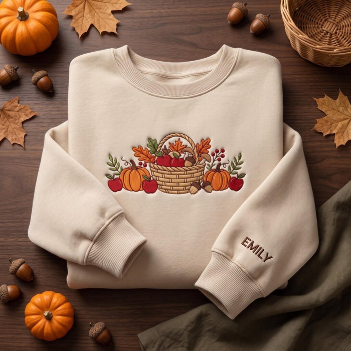 Personalized Fall Harvest Basket Pumpkins Apples Autumn Leaves Mushrooms Acorns Custom Name Embroidered Sweatshirt