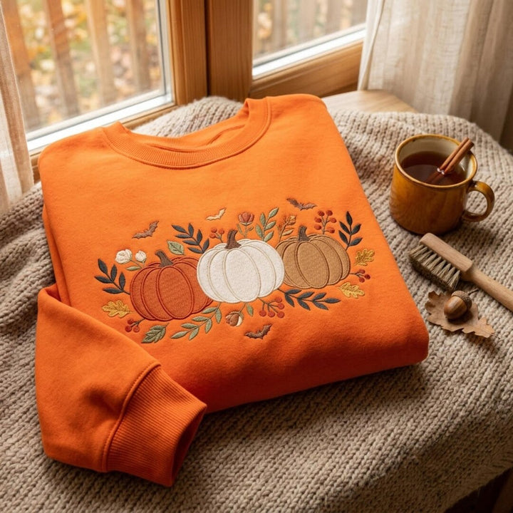 Fall Harvest Three Pumpkins Floral Botanical Bats Autumn embroidered sweatshirt — front view
