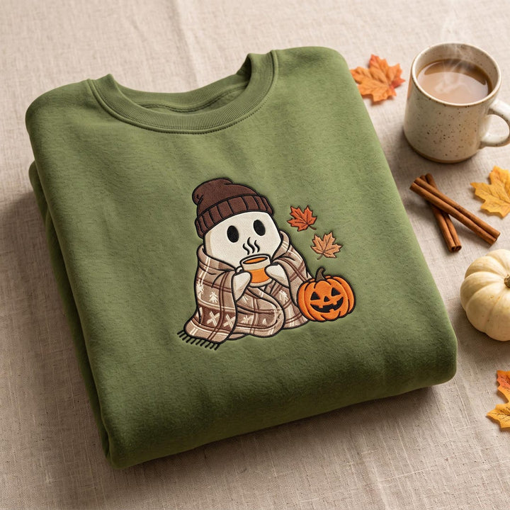 Personalized Cozy Ghost Beanie Blanket Pumpkin Fall Leaves Hot Drink Halloween embroidered sweatshirt — front view