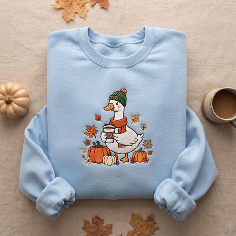 Personalized Fall Cozy Goose Beanie Scarf Coffee Pumpkins Autumn Leaves embroidered sweatshirt — front view
