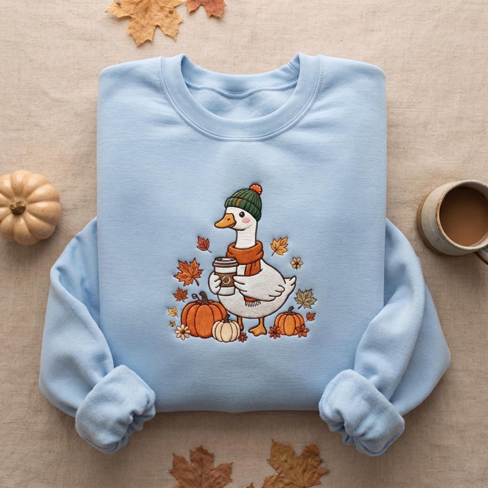Personalized Fall Cozy Goose Beanie Scarf Coffee Pumpkins Autumn Leaves Embroidered Sweatshirt