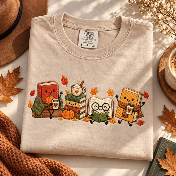 Fall Autumn Cute Books Pumpkin Coffee Latte Leaves Reading Lover Embroidered T-Shirt