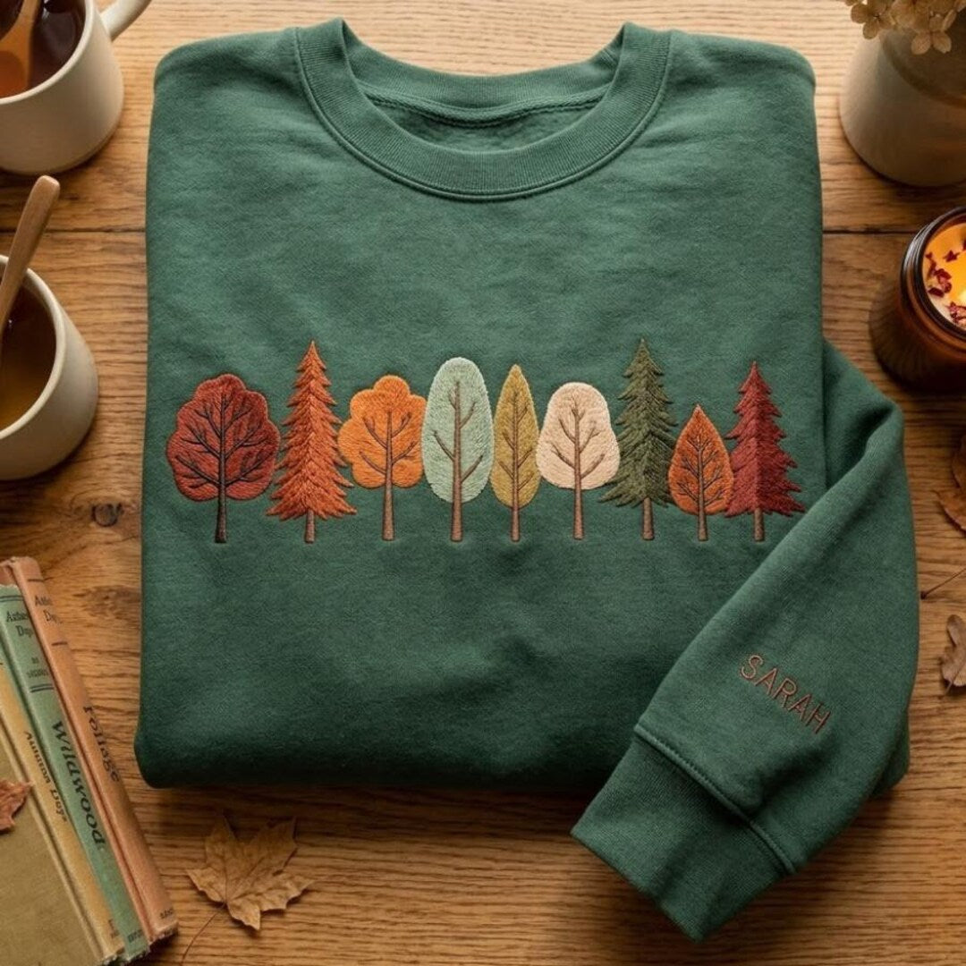 Personalized Autumn Forest Trees Name on Sleeve embroidered sweatshirt — front view