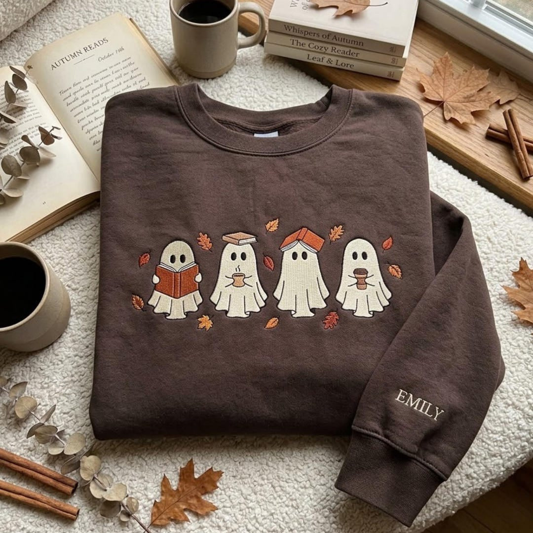 Personalized Halloween Four Ghosts Reading Book Coffee Autumn Leaves embroidered sweatshirt — front view