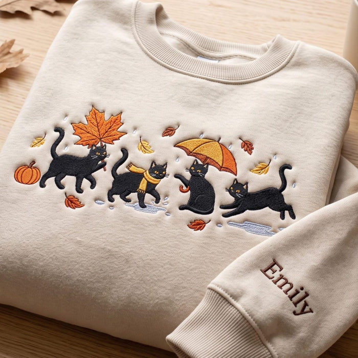 Personalized Autumn Rain Black Cats Maple Leaf Pumpkin Umbrella Custom Name Embroidered Sweatshirt