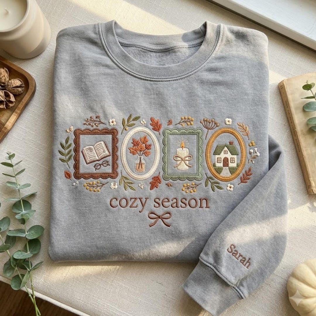 Personalized Cozy Season Autumn Frames Book Candle Cottage Floral embroidered sweatshirt — front view