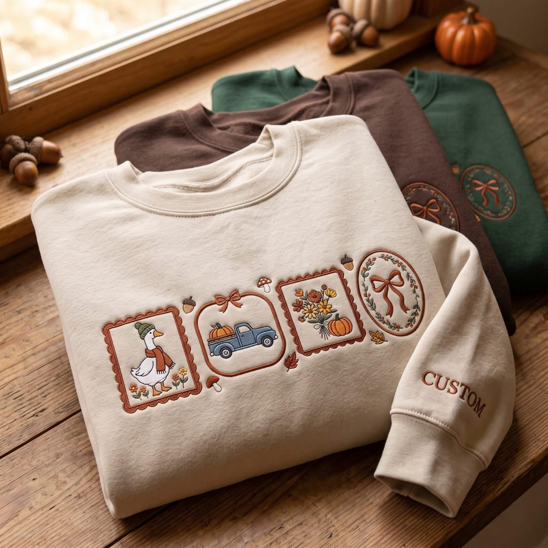 Personalized Fall Collage Cottagecore Goose Pumpkin Truck Bow Floral Custom Sleeve embroidered sweatshirt — front view