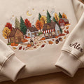 Personalized Autumn Fall Village Cottage Barn Pumpkin Moon Trees Name embroidered sweatshirt — front view