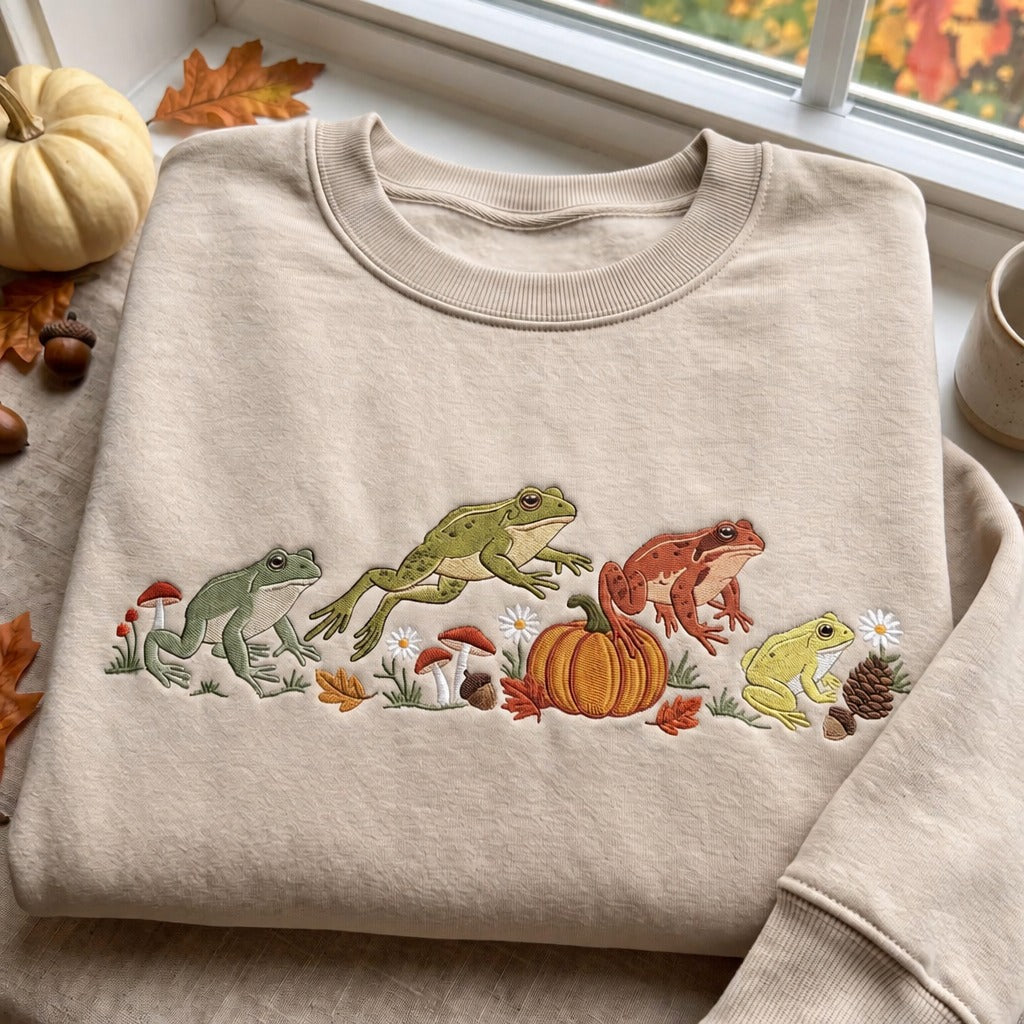 Personalized Fall Frogs Pumpkin Mushroom Autumn Scene Custom Name Sleeve embroidered sweatshirt — front view