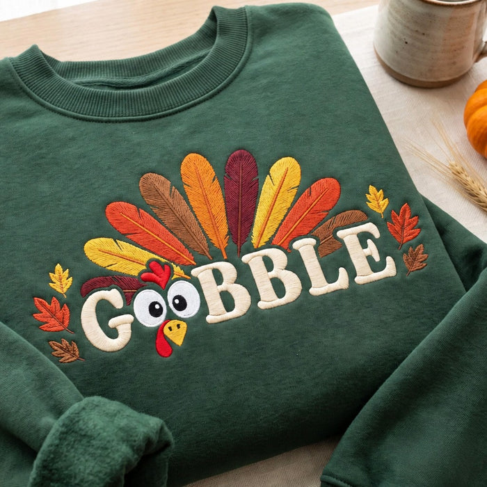 Personalized Gobble Turkey Feathers Fall Leaves Custom Name Sleeve Embroidered Sweatshirt