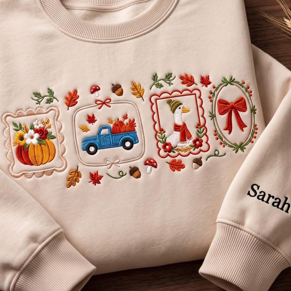 Personalized Autumn Pumpkin Truck Goose Bow Fall Sleeve Name embroidered sweatshirt — front view