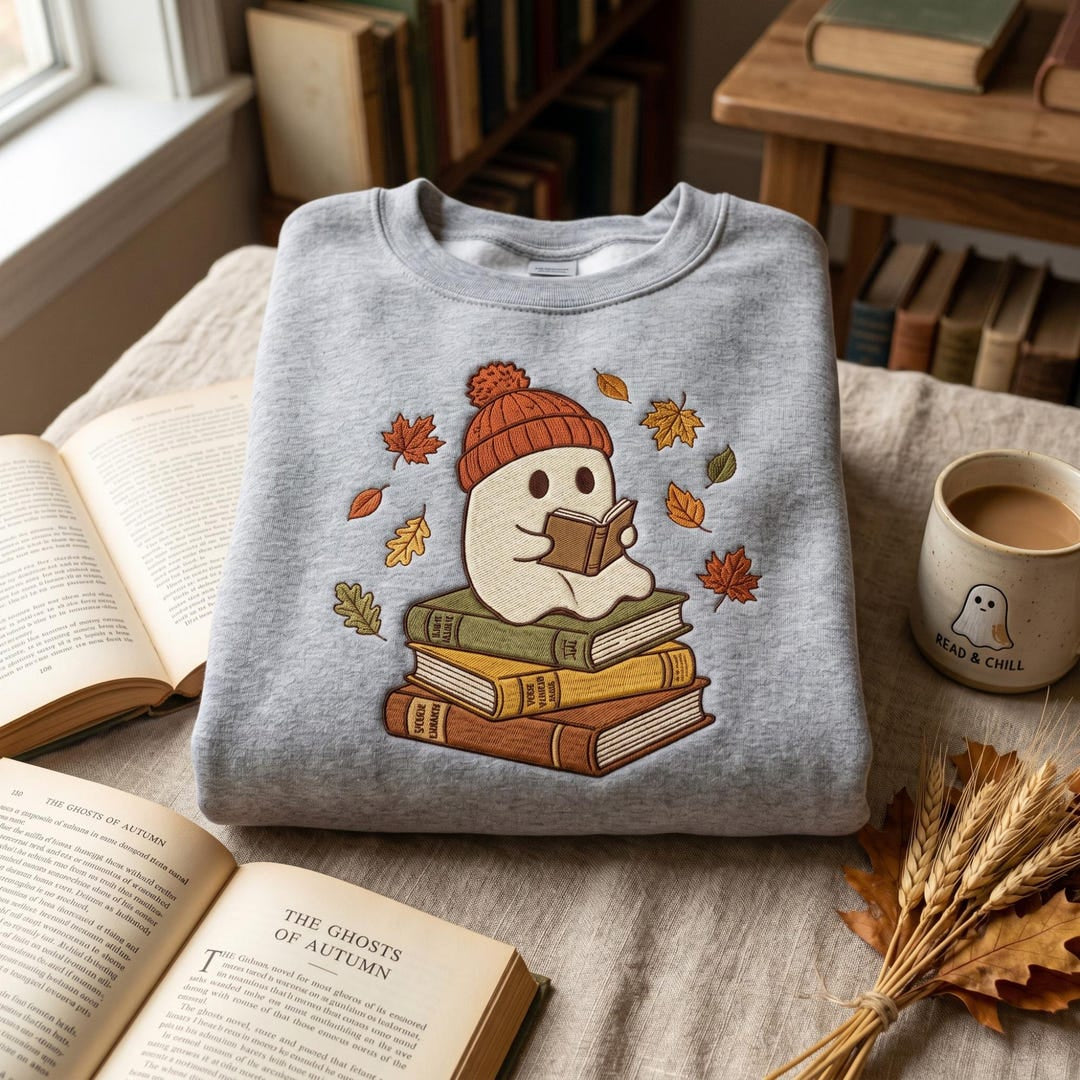 Personalized Bookish Ghost Reading Stack Books Fall Leaves Beanie Hat embroidered sweatshirt — front view