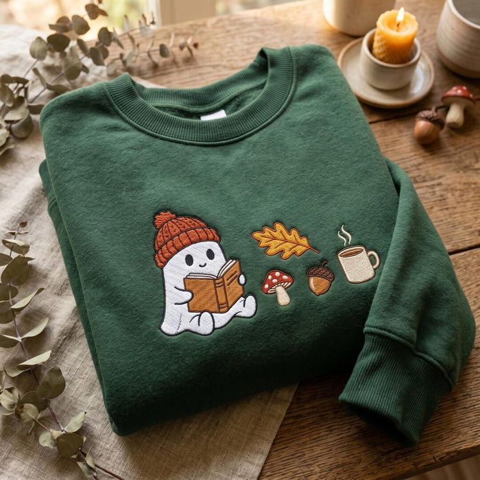 Cozy Ghost Reading Book Beanie Hat Mushroom Acorn Autumn Leaf Coffee Cup Fall Embroidered Sweatshirt