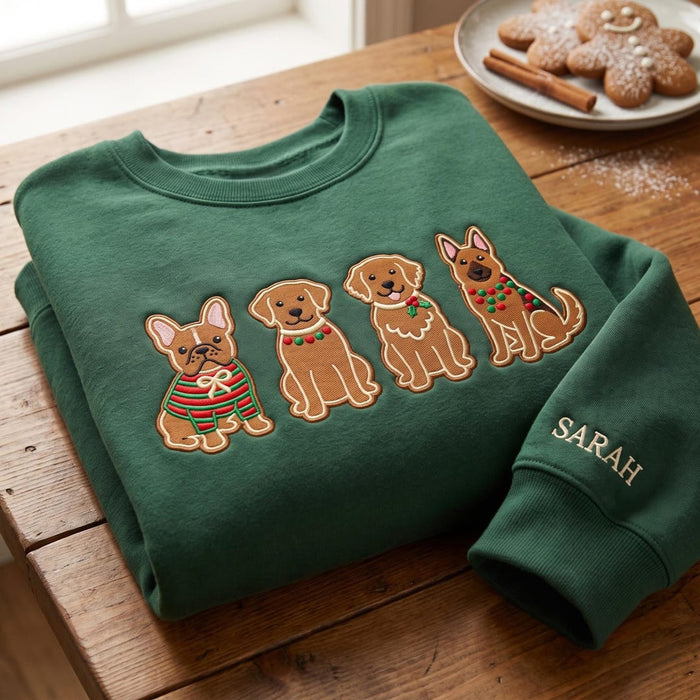 Personalized Christmas Gingerbread Dogs French Bulldog Lab Golden Retriever German Shepherd Embroidered Sweatshirt