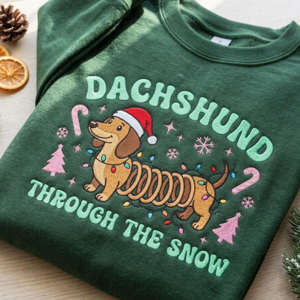 Dachshund Through the Snow Christmas Lights Santa Hat Wiener Dog embroidered sweatshirt — front view