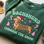 Dachshund Through the Snow Christmas Lights Santa Hat Wiener Dog embroidered sweatshirt — front view