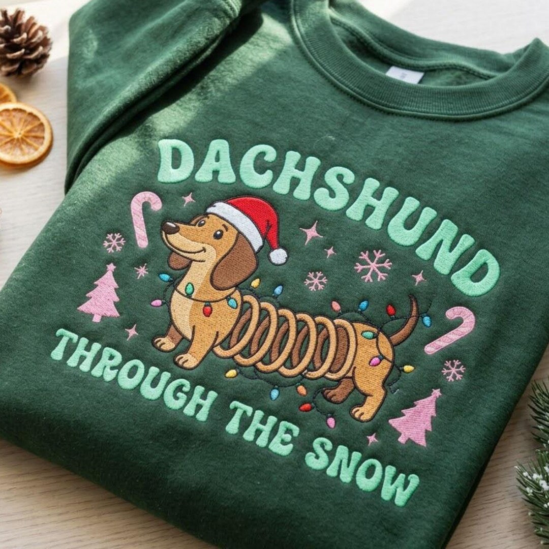 Dachshund Through the Snow Christmas Lights Santa Hat Wiener Dog embroidered sweatshirt — front view