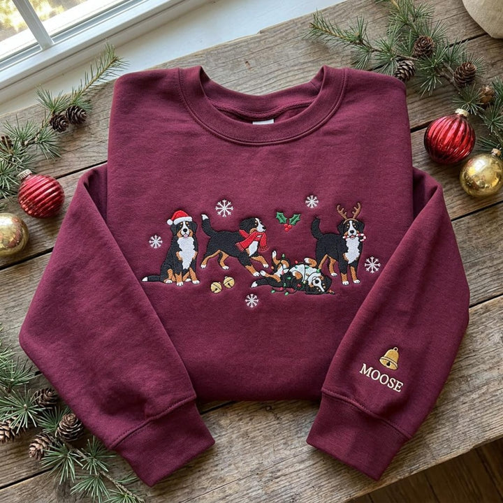 Personalized Christmas Bernese Mountain Dog Holiday Scenes Jingle Bell Sleeve Name embroidered sweatshirt — front view