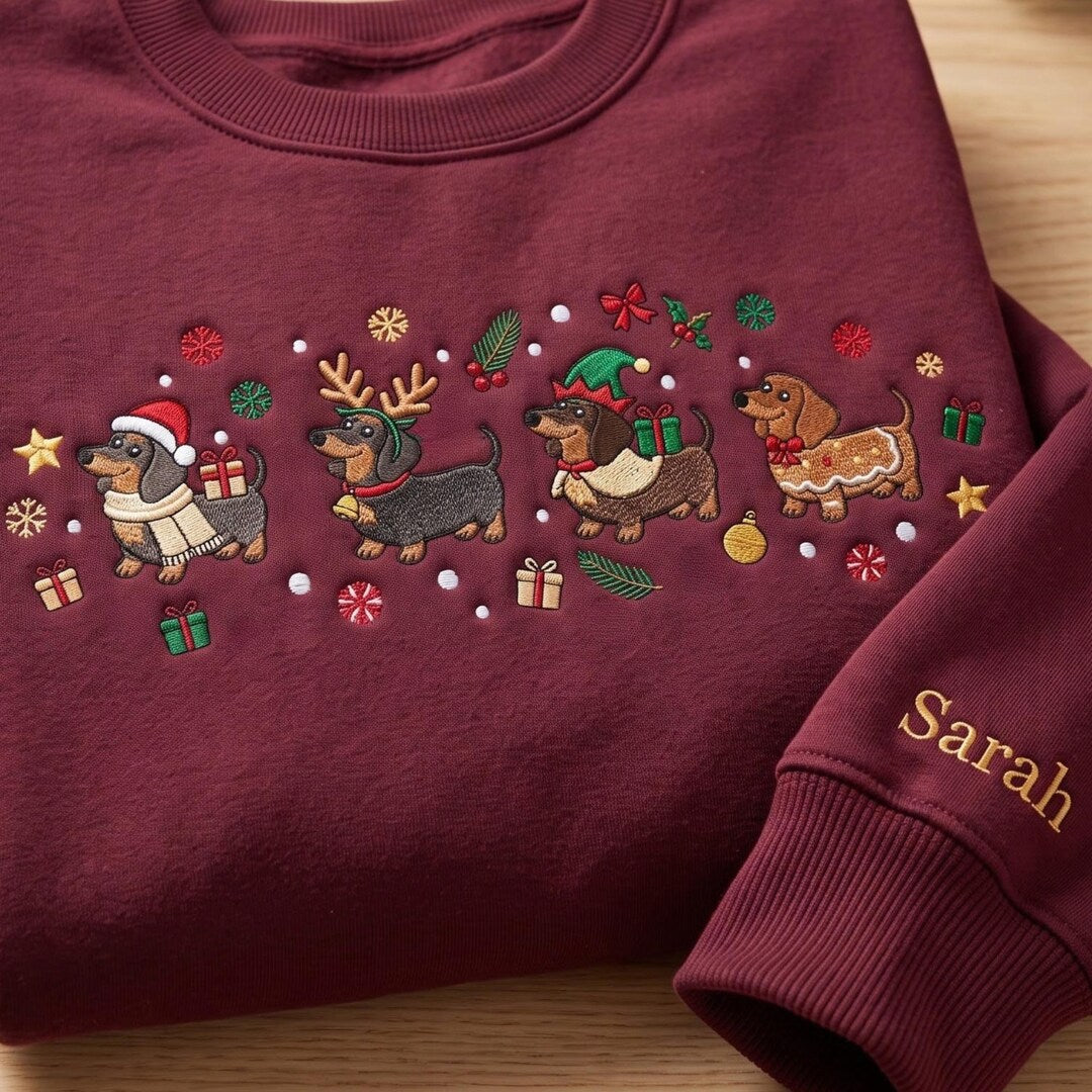 Personalized Christmas Dachshund Four Dogs Holiday Outfits Snowflakes embroidered sweatshirt — front view