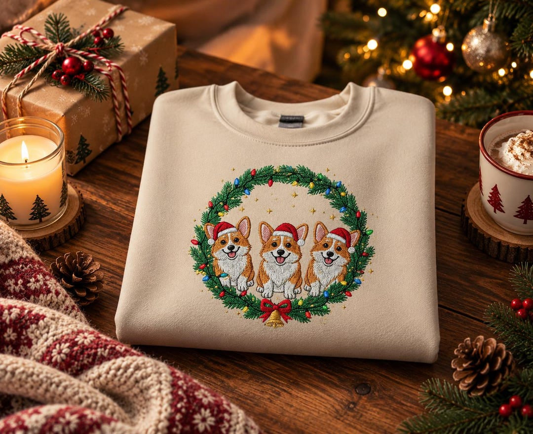 Personalized Three Christmas Corgis Santa Hat Wreath Holiday embroidered sweatshirt — front view