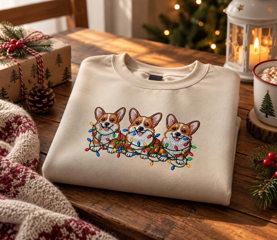 Three Corgis Christmas Lights Holiday embroidered sweatshirt — front view